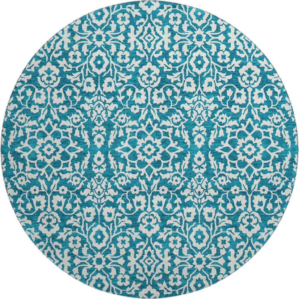 HomeRoots 8' Teal And Ivory Damask Round Rug - Washable, UV Protected, Stylish & Durable for Busy Households 673178