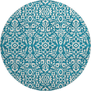 HomeRoots 8' Teal And Ivory Damask Round Rug - Washable, UV Protected, Stylish & Durable for Busy Households 673178