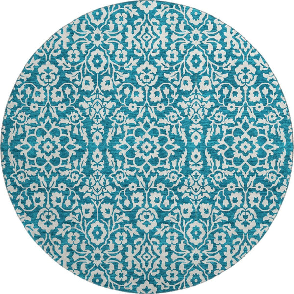 HomeRoots 8' Teal And Ivory Damask Round Rug - Washable, UV Protected, Stylish & Durable for Busy Households 673178