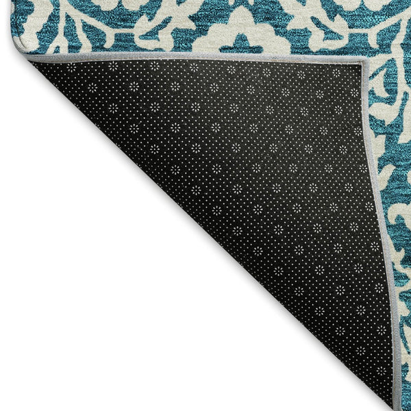 HomeRoots 8' Teal And Ivory Damask Round Rug - Washable, UV Protected, Stylish & Durable for Busy Households 673178