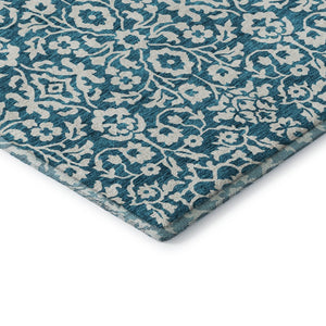HomeRoots 8' Teal And Ivory Damask Round Rug - Washable, UV Protected, Stylish & Durable for Busy Households 673178