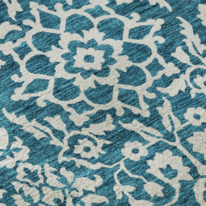 HomeRoots 8' Teal And Ivory Damask Round Rug - Washable, UV Protected, Stylish & Durable for Busy Households 673178