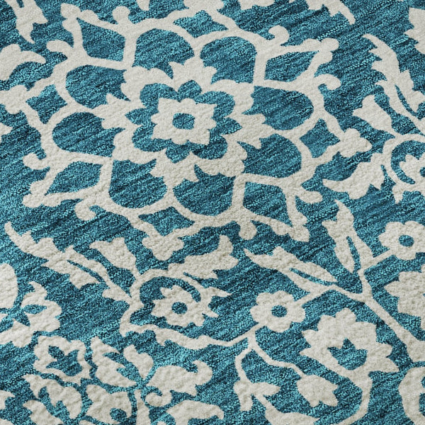 HomeRoots 8' Teal And Ivory Damask Round Rug - Washable, UV Protected, Stylish & Durable for Busy Households 673178