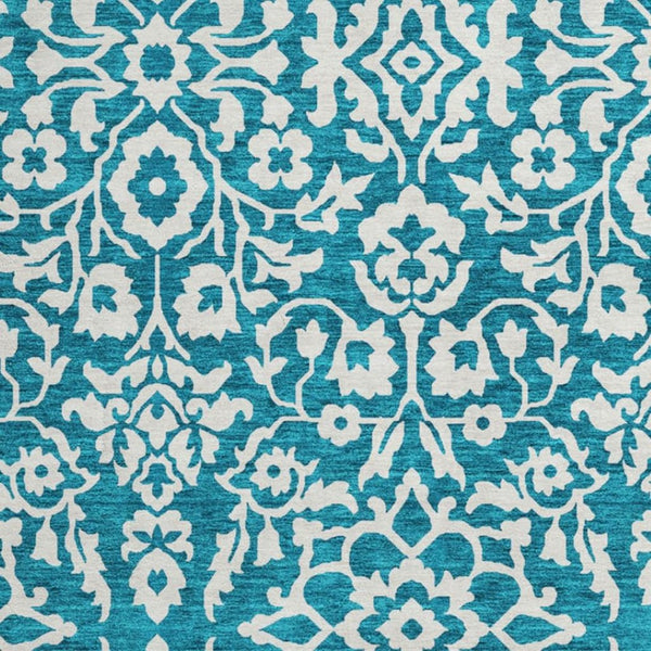 HomeRoots 8' Teal And Ivory Damask Round Rug - Washable, UV Protected, Stylish & Durable for Busy Households 673178