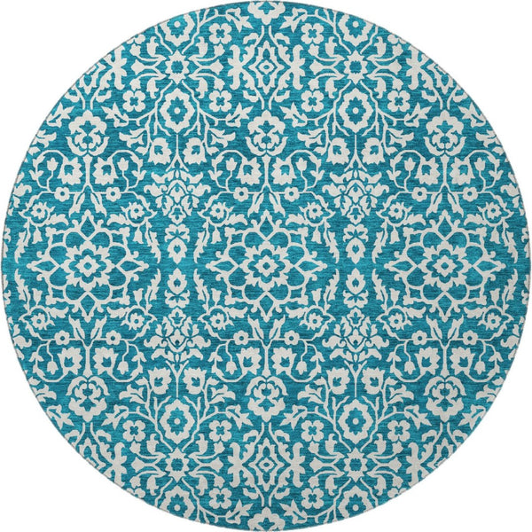 HomeRoots 8' Teal And Ivory Damask Round Rug - Washable, UV Protected, Stylish & Durable for Busy Households 673178