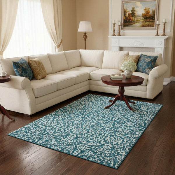 HomeRoots 8' X 10' Elegant Teal and Ivory Damask Area Rug - Washable, UV-Protected, Durable for High-Traffic Spaces 673179