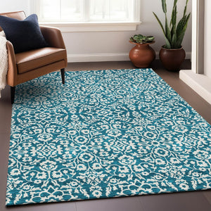 HomeRoots 8' X 10' Elegant Teal and Ivory Damask Area Rug - Washable, UV-Protected, Durable for High-Traffic Spaces 673179