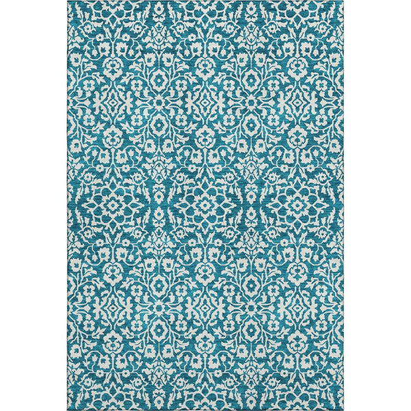 HomeRoots 8' X 10' Elegant Teal and Ivory Damask Area Rug - Washable, UV-Protected, Durable for High-Traffic Spaces 673179