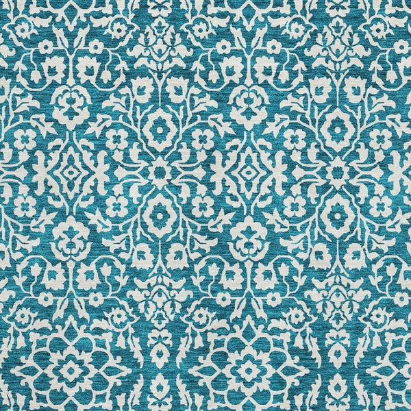 HomeRoots 8' X 10' Elegant Teal and Ivory Damask Area Rug - Washable, UV-Protected, Durable for High-Traffic Spaces 673179