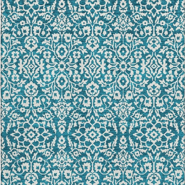 HomeRoots 8' X 10' Elegant Teal and Ivory Damask Area Rug - Washable, UV-Protected, Durable for High-Traffic Spaces 673179