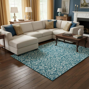 HomeRoots 9' X 12' Teal Ivory Damask Area Rug - Stylish, Washable, UV-Protected & Stain-Resistant Design! 673180