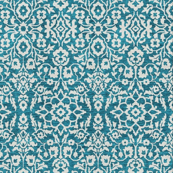 HomeRoots 9' X 12' Teal Ivory Damask Area Rug - Stylish, Washable, UV-Protected & Stain-Resistant Design! 673180