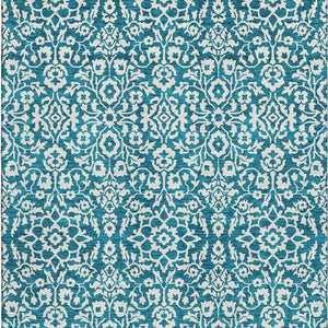 HomeRoots 9' X 12' Teal Ivory Damask Area Rug - Stylish, Washable, UV-Protected & Stain-Resistant Design! 673180