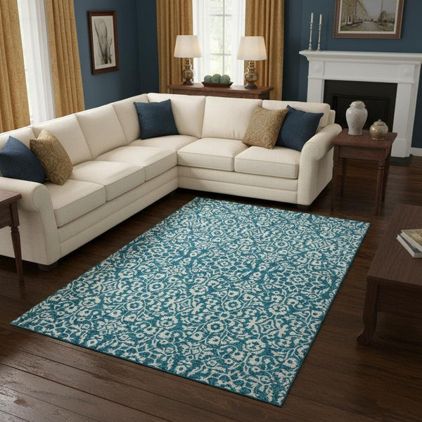 HomeRoots 10' Teal and Ivory Damask Area Rug – Washable, UV-Protected, Stain-Resistant, Perfect for Homes! 673181