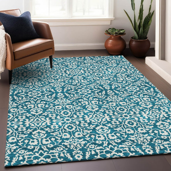 HomeRoots 10' Teal and Ivory Damask Area Rug – Washable, UV-Protected, Stain-Resistant, Perfect for Homes! 673181