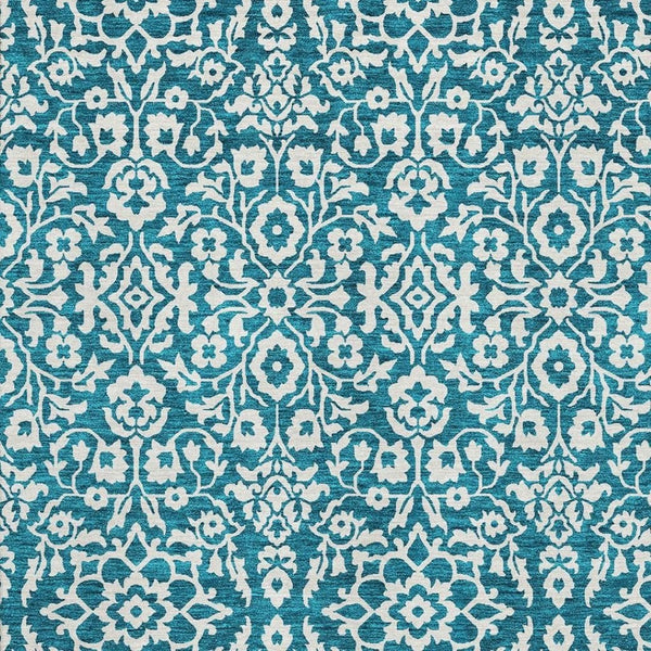 HomeRoots 10' Teal and Ivory Damask Area Rug – Washable, UV-Protected, Stain-Resistant, Perfect for Homes! 673181