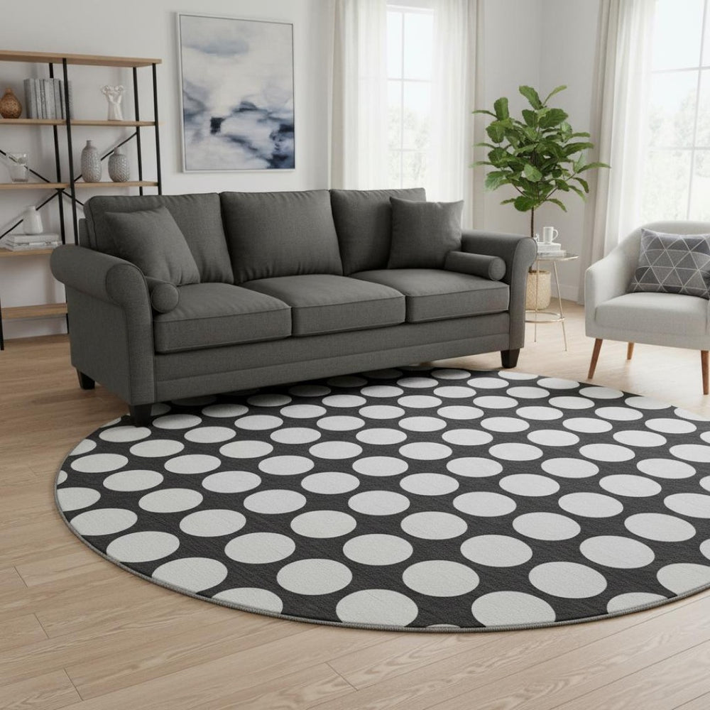 HomeRoots 8' Bold Black and White Polka Dot Round Rug - Washable, UV Protected, Durable for High-Traffic Areas 673186