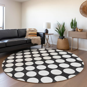 HomeRoots 8' Bold Black and White Polka Dot Round Rug - Washable, UV Protected, Durable for High-Traffic Areas 673186