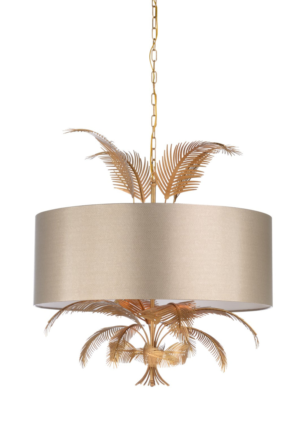 Wildwood Wild Palm Handcrafted Florence Chandelier — Taupe Leather Drum, Antique Gold Fronds, 6-Light Elegance 67319