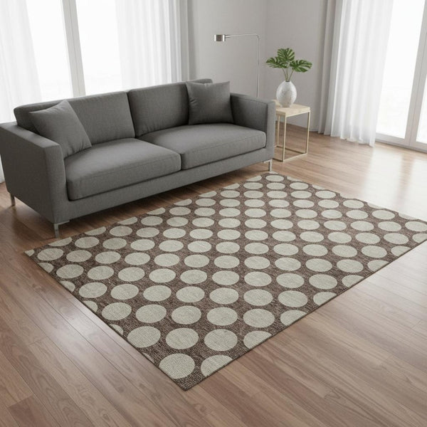HomeRoots 5' X 8' Polka Dot Washable Area Rug in Brown & Beige - Durable, UV-Protected, Easy Clean Design! 673191