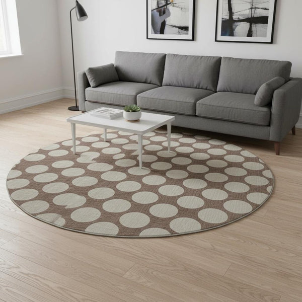 HomeRoots 8' Stylish Brown & Beige Polka Dot Round Rug - Washable, UV Protected, Perfect for Homes with Kids & Pets 673192