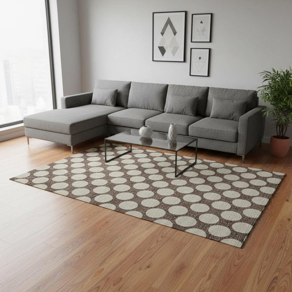 HomeRoots 10' Polka Dot Washable Area Rug in Brown & Beige – Durable, Stain-Resistant & UV Protected Design 673195