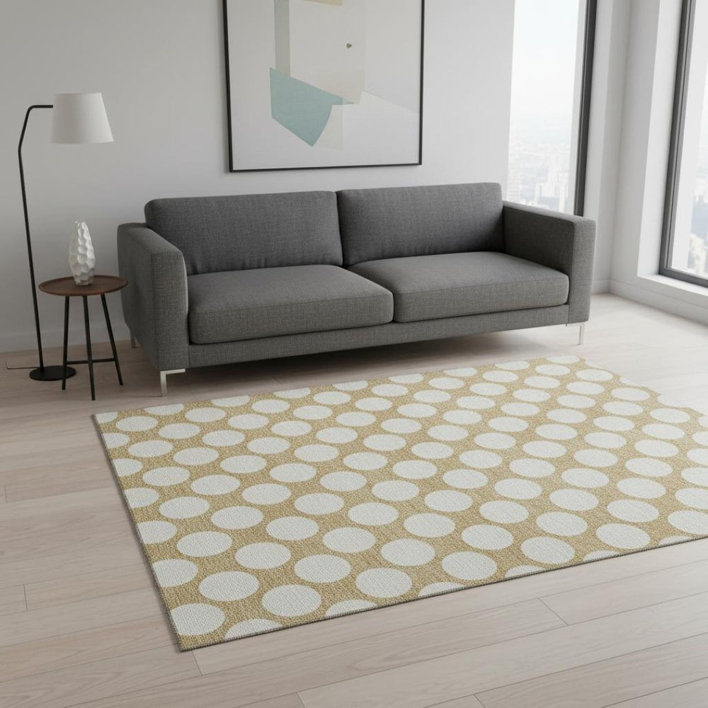HomeRoots 5' X 8' Gold and Ivory Polka Dot Area Rug - Durable, Washable, UV-Protected for Playful Spaces 673197