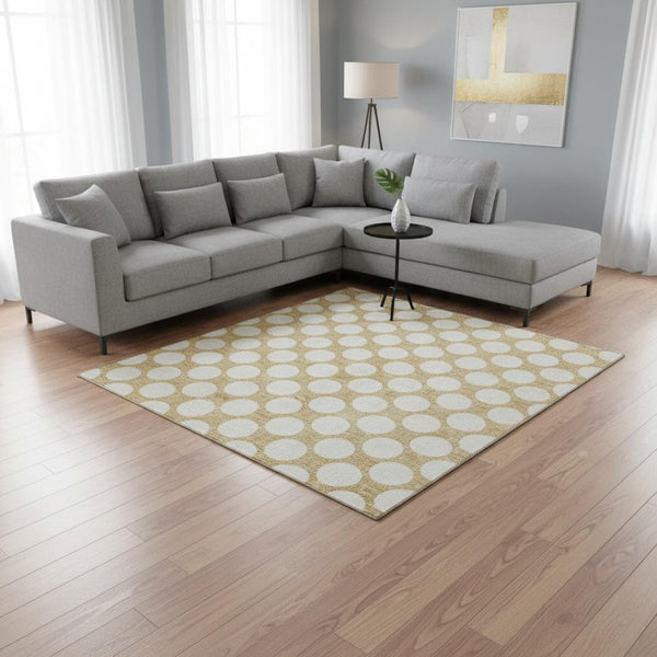 HomeRoots 8' Gold & Ivory Polka Dot Washable Area Rug – Durable, Stain-Resistant, UV-Protected for Any Room 673199