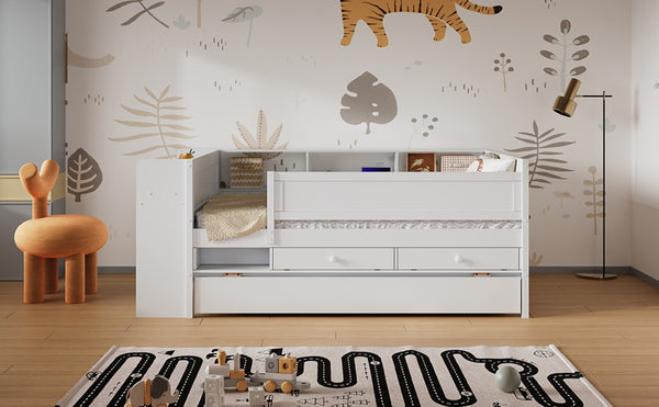 English Elm Multi-functional Twin Daybed with Trundle Desk Usb Charging Pine Wood Storage GX000462AAK