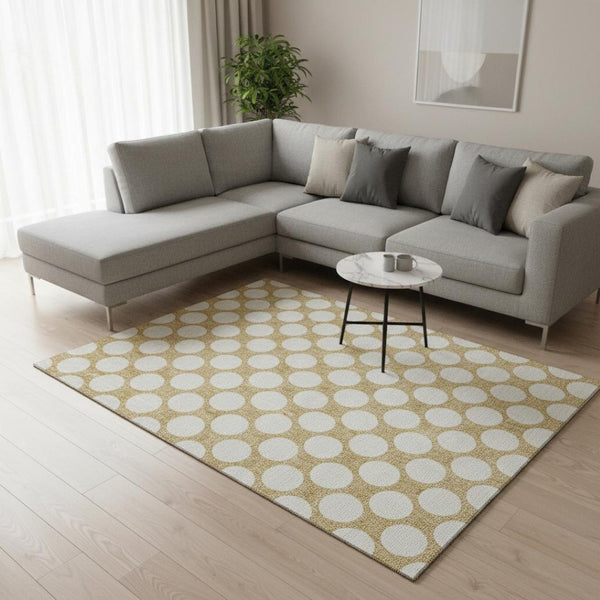 HomeRoots 9' X 12' Gold and Ivory Polka Dot Area Rug - Washable, UV Protected, Stylish, Kid & Pet Friendly! 673200