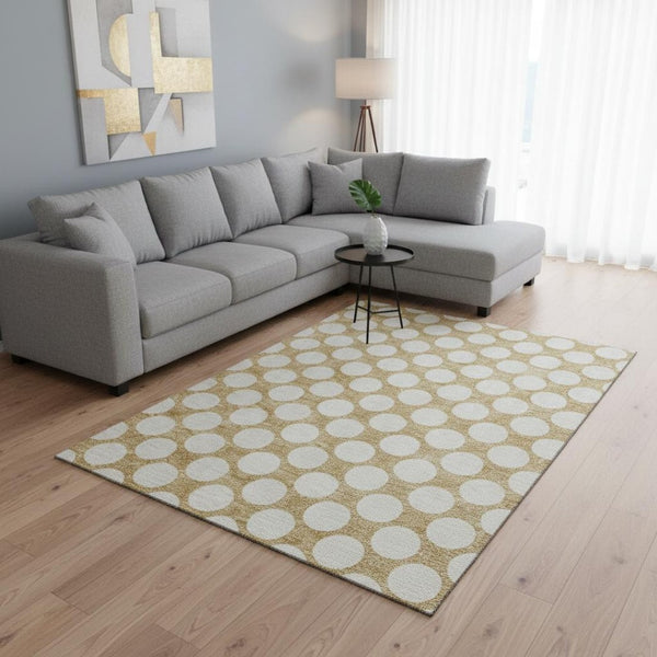 HomeRoots 10' X 14' Gold And Ivory Polka Dot Washable Area Rug – Stylish, Durable, Stain-Resistant, UV Protected! 673201