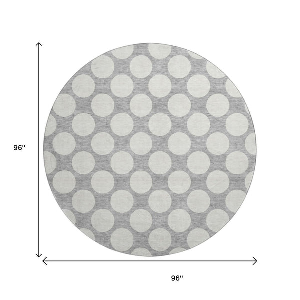 HomeRoots 8' Gray And Ivory Polka Dot Washable Round Rug - Stylish, UV-Protected, Ideal for Kids & Pets! 673204