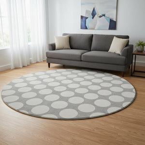 HomeRoots 8' Gray And Ivory Polka Dot Washable Round Rug - Stylish, UV-Protected, Ideal for Kids & Pets! 673204