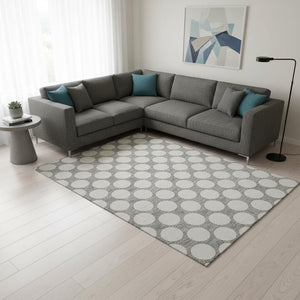 HomeRoots 10' Gray and Ivory Polka Dot Washable Area Rug – Durable, UV Protected, Ideal for Family Spaces! 673207