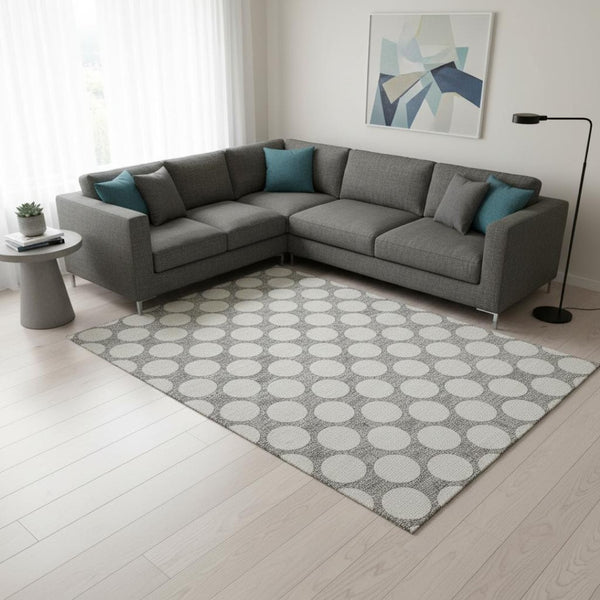 HomeRoots 10' Gray and Ivory Polka Dot Washable Area Rug – Durable, UV Protected, Ideal for Family Spaces! 673207