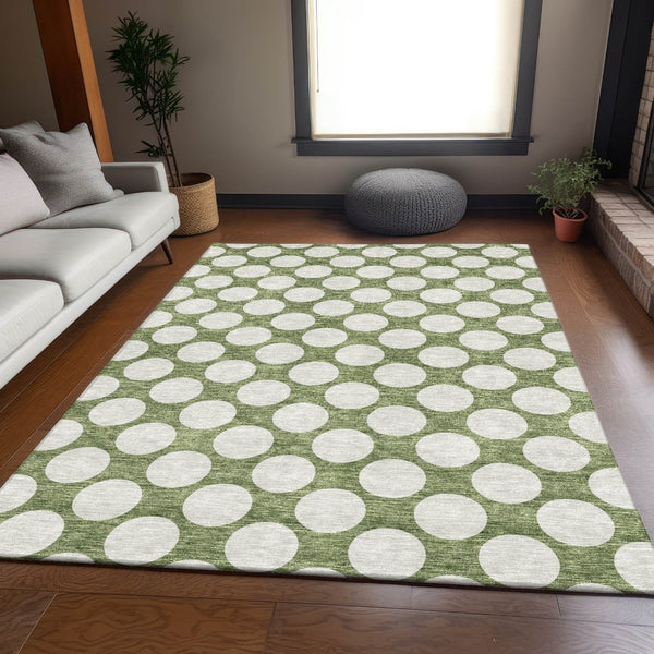 HomeRoots 10' Green and Ivory Polka Dot Area Rug – Washable, UV Protected, Stain Resistant for Family Spaces 673213