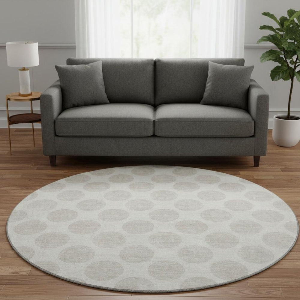 HomeRoots 8' Ivory and Beige Polka Dot Washable Round Rug - Durable, Stylish, and UV-Resistant Home Essential 673216