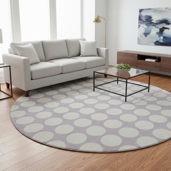 HomeRoots 8' Lavender Polka Dot Round Rug - Washable, UV-Protected, Durable, Perfect for Family Rooms & Patios 673222