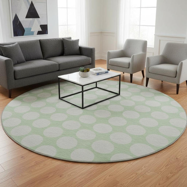 HomeRoots 8' Mint Green Polka Dot Washable Round Rug - UV Protected, Durable & Stylish for Any Room 673228