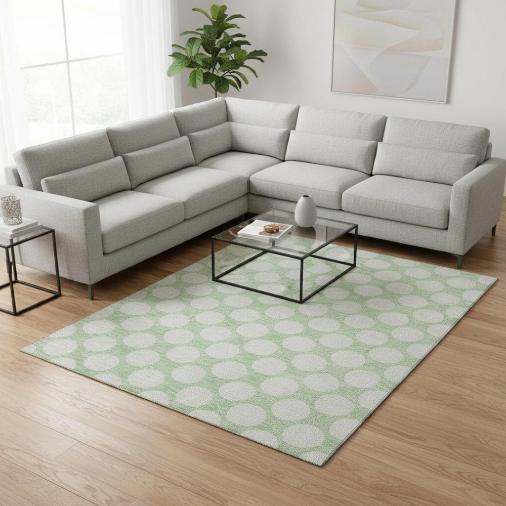 HomeRoots 9' X 12' Playful Mint Green & Ivory Polka Dot Area Rug – Washable, UV-Protected, and Stain Resistant! 673230