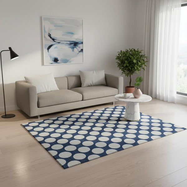 HomeRoots 5' Navy Blue & Ivory Polka Dot Washable Area Rug - UV Protected, Stain Resistant, Plush Comfort! 673233