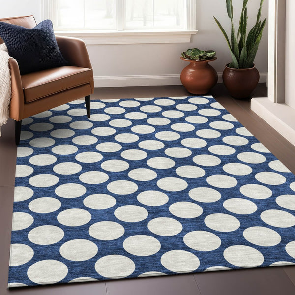 HomeRoots 5' Navy Blue & Ivory Polka Dot Washable Area Rug - UV Protected, Stain Resistant, Plush Comfort! 673233