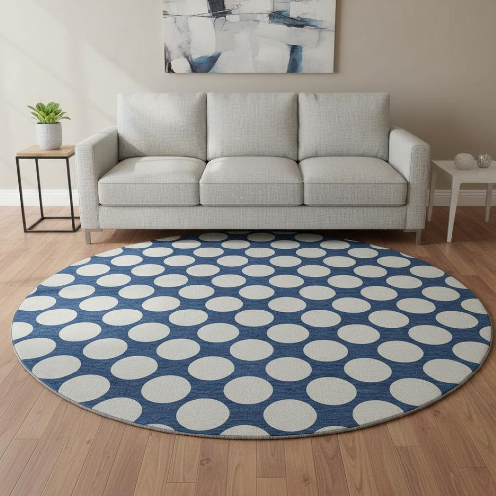 HomeRoots 8' Navy Blue and Ivory Polka Dot Round Rug - Washable, UV-Protected, Durable for Family Spaces 673234