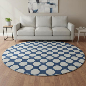 HomeRoots 8' Navy Blue and Ivory Polka Dot Round Rug - Washable, UV-Protected, Durable for Family Spaces 673234