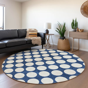 HomeRoots 8' Navy Blue and Ivory Polka Dot Round Rug - Washable, UV-Protected, Durable for Family Spaces 673234