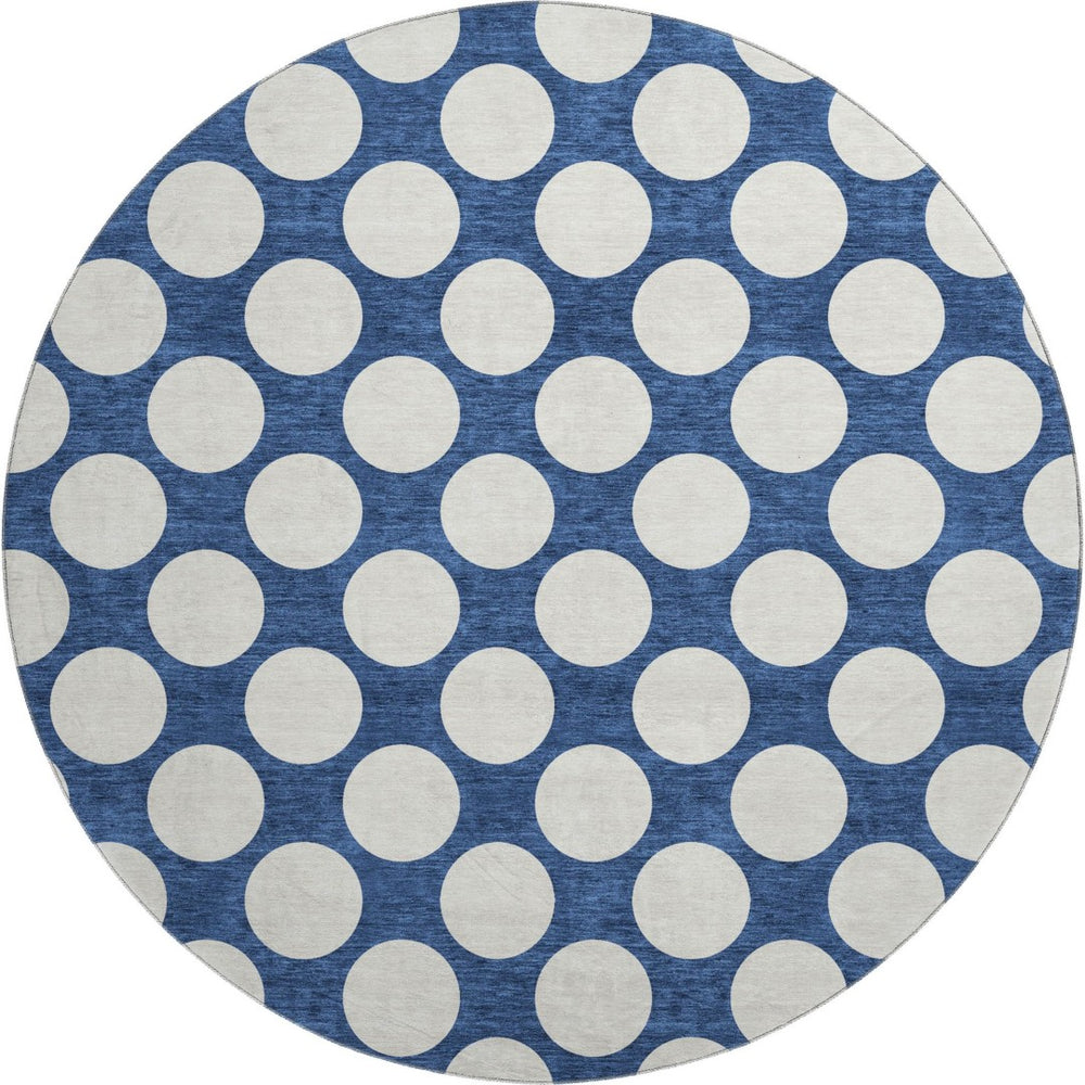 HomeRoots 8' Navy Blue and Ivory Polka Dot Round Rug - Washable, UV-Protected, Durable for Family Spaces 673234