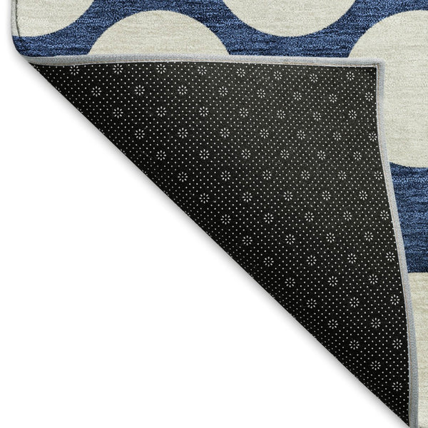 HomeRoots 8' Navy Blue and Ivory Polka Dot Round Rug - Washable, UV-Protected, Durable for Family Spaces 673234