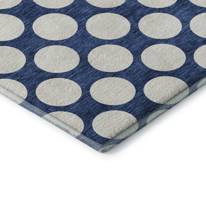 HomeRoots 8' Navy Blue and Ivory Polka Dot Round Rug - Washable, UV-Protected, Durable for Family Spaces 673234