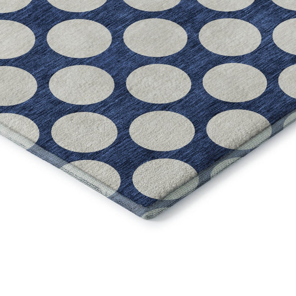 HomeRoots 8' Navy Blue and Ivory Polka Dot Round Rug - Washable, UV-Protected, Durable for Family Spaces 673234