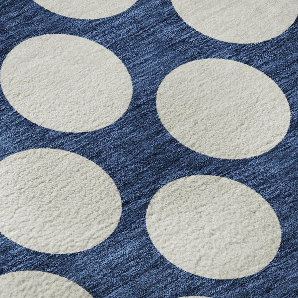 HomeRoots 8' Navy Blue and Ivory Polka Dot Round Rug - Washable, UV-Protected, Durable for Family Spaces 673234